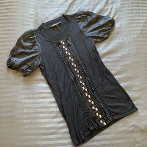 BCBGMaxAzria Black Short Sleeve Blouse with Puff Sleeves
